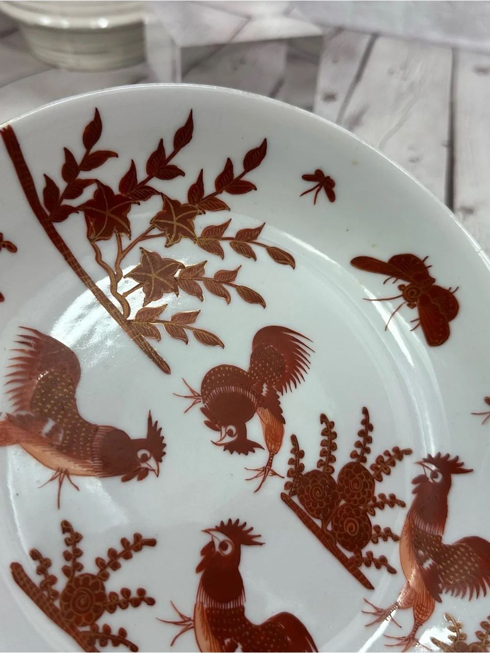 Vtg bowl Rust Red Rooster farmhouse rustic folk-art country cottage butterfly